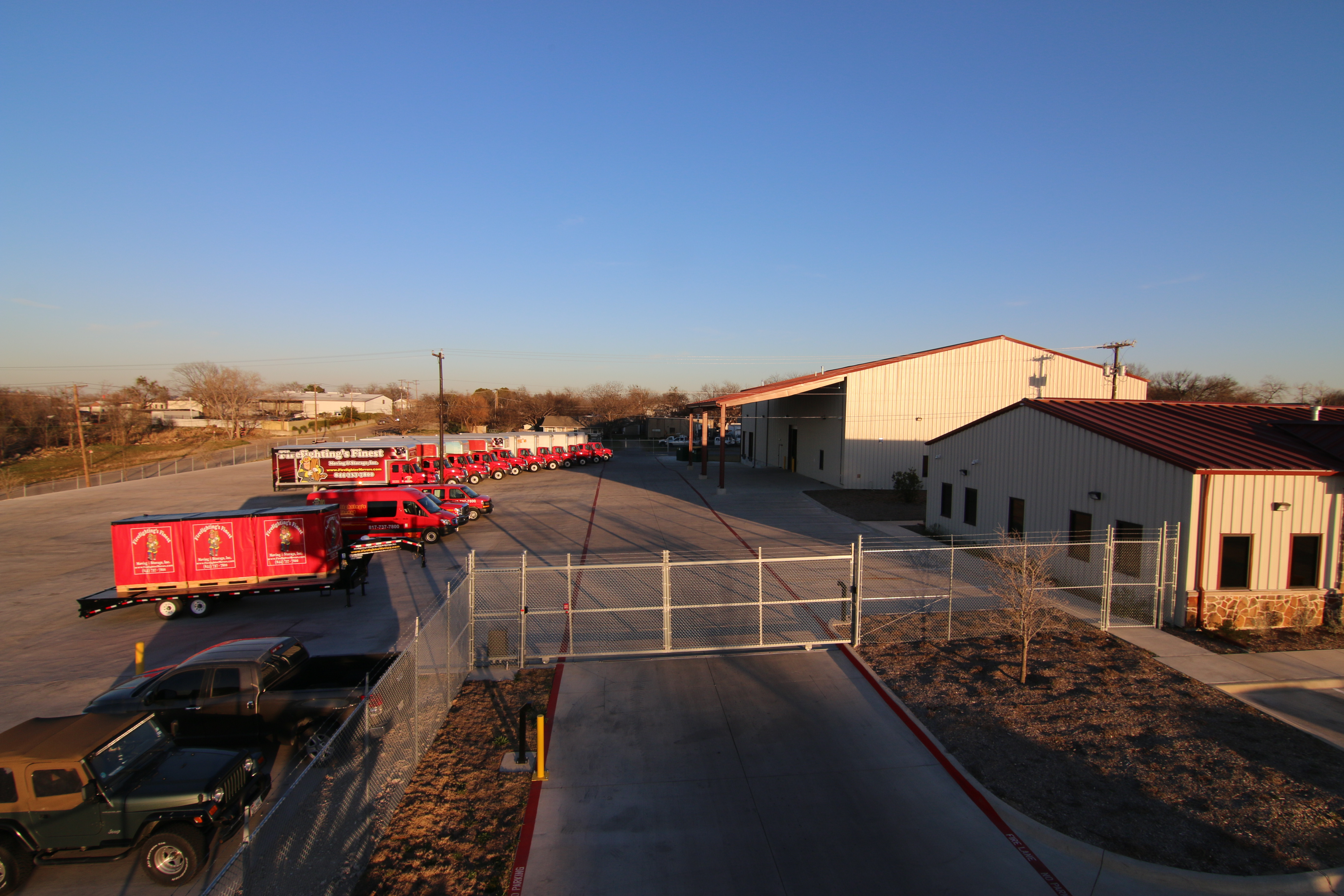 Aerial view of Firefighting's Finest Moving & Storage warehouse in Fort Worth, TX