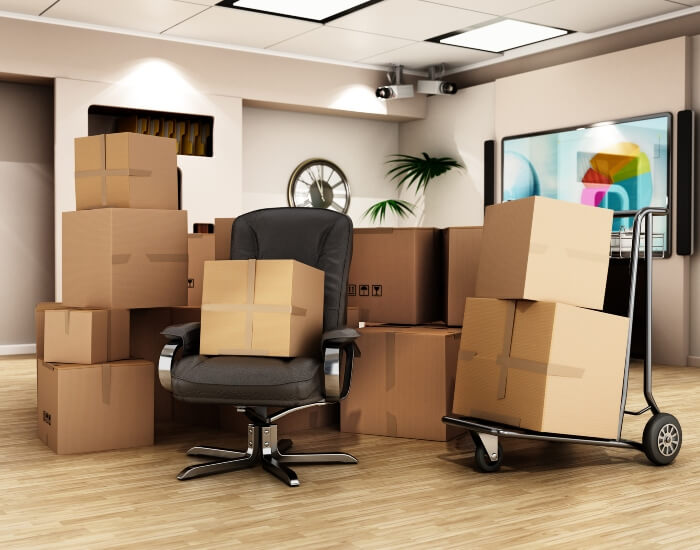 An office packed for a commercial move in Houston, Texas