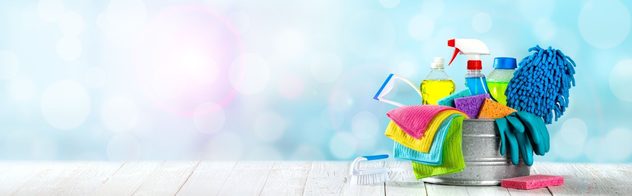 bucket holding cleaning supplies