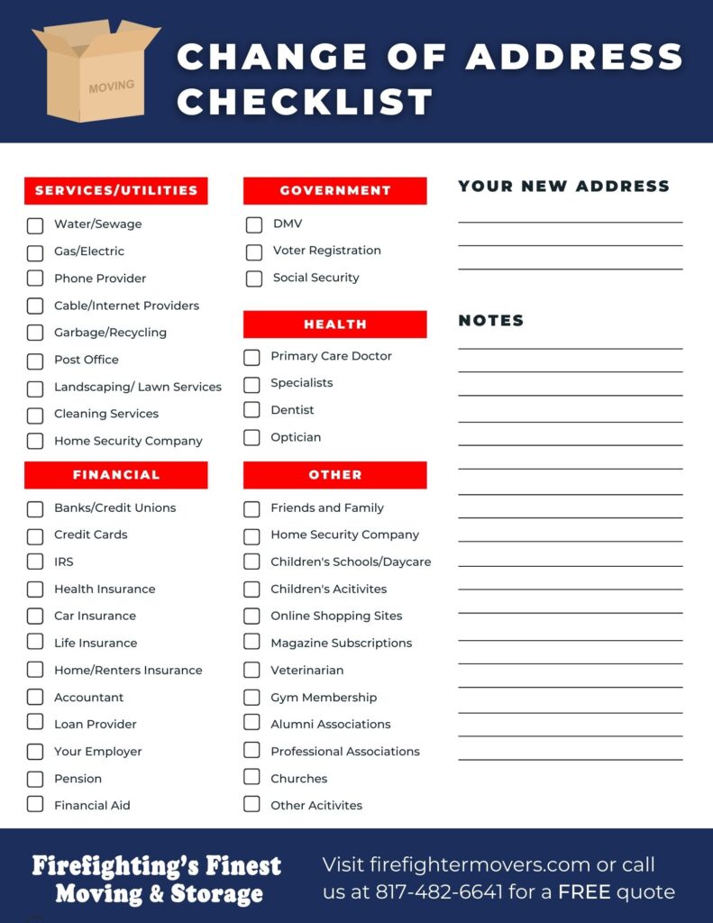 Checklist for change of address created by Firefighting's Finest Moving & Storage in Fort Worth, TX