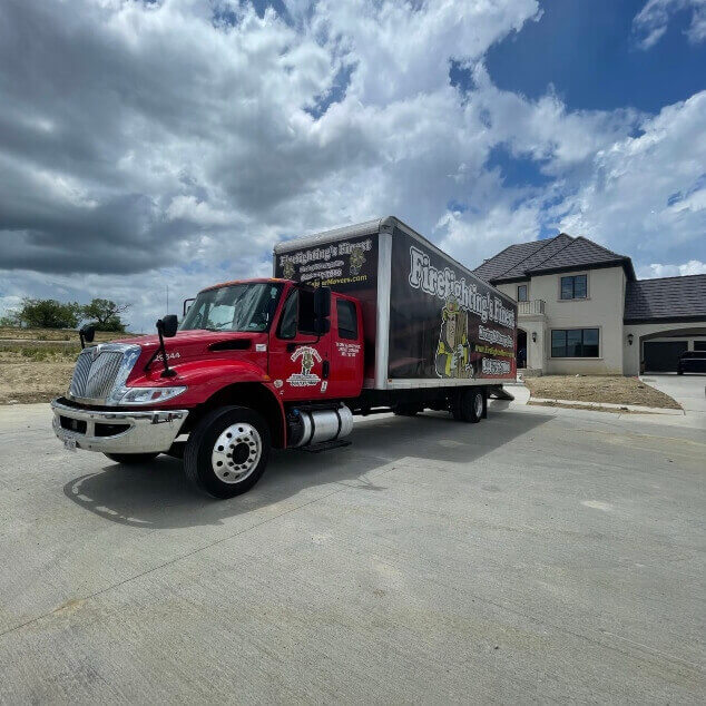 Firefighting's Finest Moving and Storage truck parked outside a house during a move